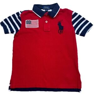 Polo Ralph Lauren Shirt Boys 6 Red Navy Striped Big Pony USA Flag Short Sleeve